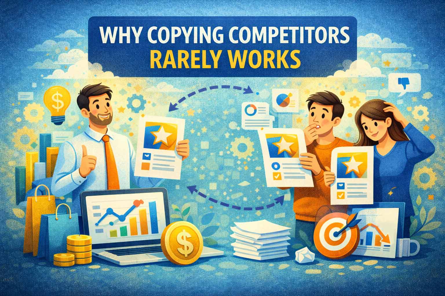 Illustration showing one business succeeding with a unique strategy while others attempt to copy it, highlighting the contrast between original thinking and imitation through reports, charts, and directional arrows.