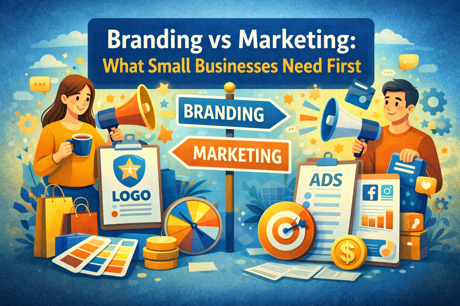Illustration comparing branding and marketing for small businesses, with one side showing brand elements like a logo, color palette, and identity tools, and the other showing marketing tools like ads, targets, charts, and social media icons.