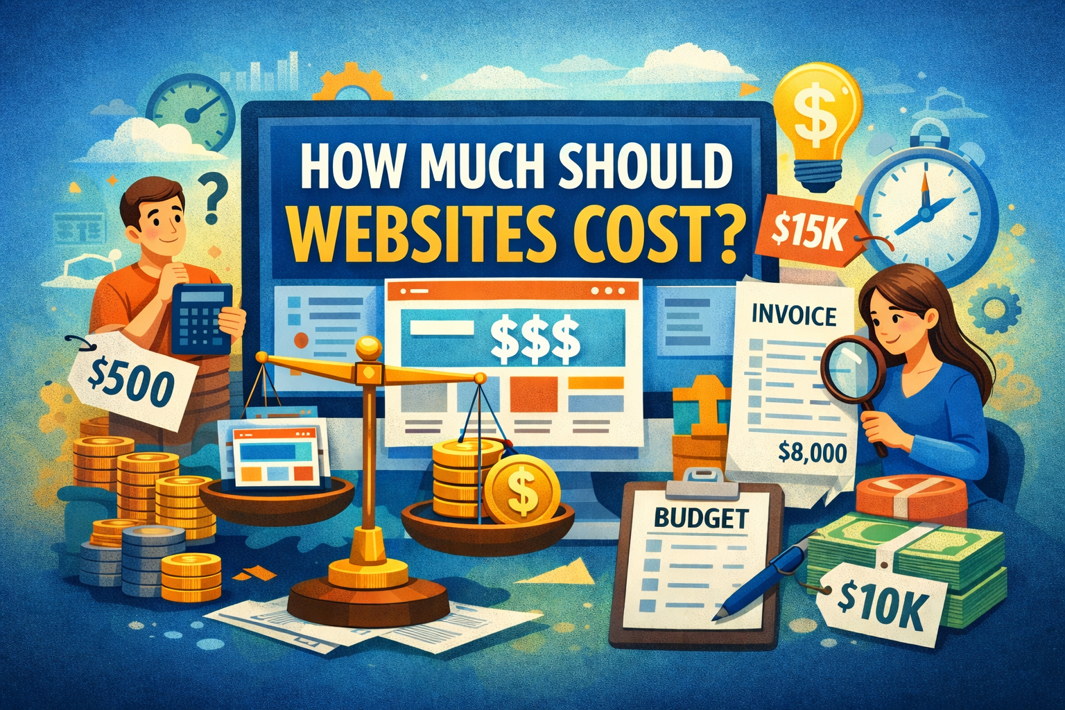 Illustration exploring website pricing, showing people comparing low and high website costs using calculators, invoices, charts, and balance scales to represent the tradeoffs between budget, value, and outcomes.
