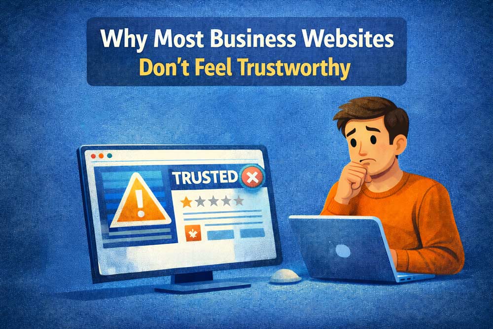 Illustration about website trust issues, showing a user evaluating a business website with warning icons, low ratings, and credibility signals failing.