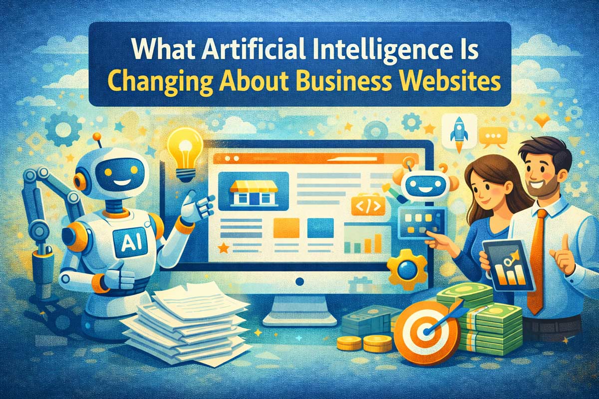 Illustration of AI and people working together on a business website with charts and interface elements.